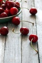 Red cherries in ceramic plate on wooden table, vertical shot