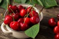 Red cherries, cherries on table, bowl with cherries, freshly pic Royalty Free Stock Photo
