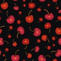 Red cherries seamless vector pattern on black