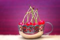 Red cherries with cuttings in an vintage mug Royalty Free Stock Photo