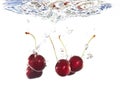 Red cherries falling into clear water Royalty Free Stock Photo