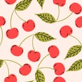 Red cherries with leaf, berry fruits seamless pattern Royalty Free Stock Photo