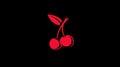 Red cherries and a leaf form a minimalistic design against a black background. The Royalty Free Stock Photo