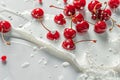 Red cherries meet milk splash on crisp white backdrop