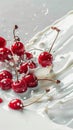 Red cherries meet milk splash on crisp white backdrop