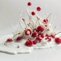 Red cherries meet milk splash on crisp white backdrop