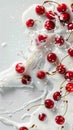 Red cherries meet milk splash on crisp white backdrop