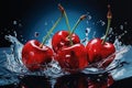 red cherries splashing into water, in the style of angus mckie