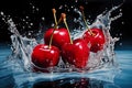 red cherries splashing into water, in the style of angus mckie