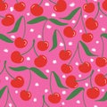 Playful bright cherries vector repeat pattern with doodle stars. Great for home decor, wrapping, fashion, scrapbooking Royalty Free Stock Photo