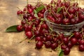 Red cherries in a transparent glass bowl on a wooden background, with green leaves of a cherry tree. Summer berries. Yummy Royalty Free Stock Photo