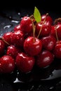 red cherries with water drops on black stone - closeup - generative AI