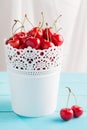 Red cherries in white bucket Royalty Free Stock Photo