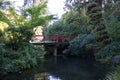 Red Cherry Bridge in a Japanese Garden