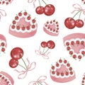 Red Cherry Cake and Red Cerry with Pink Bow Pattern on White Background Royalty Free Stock Photo