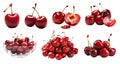 Red cherry cherries, many angles and view side top front heap pile bunch isolated on transparent cutout, PNG