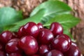 Red cherry by close-up, on wood background Royalty Free Stock Photo