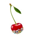 Red cherry, decorated with colorful candy sprinkles, isolated on Royalty Free Stock Photo