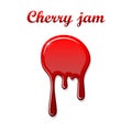 Red cherry drip confiture 3D. Berry sweet jam spot isolated white background. Drips flowing down stain. Drop realistic