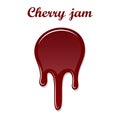 Red cherry drip confiture 3D. Berry sweet jam spot isolated white background. Drips flowing down stain. Drop realistic