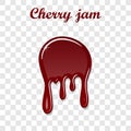 Red cherry drip confiture 3D. Berry sweet jam spot isolated white transparent background. Drips down stain. Drop