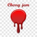 Red cherry drip confiture 3D. Berry sweet jam spot isolated white transparent background. Drips down stain. Drop