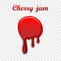 Red cherry drip confiture 3D. Berry sweet jam spot isolated white transparent background. Drips down stain. Drop