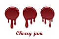 Red cherry drip confiture 3D set. Berry sweet jam spot isolated white background. Drips flowing down stain. Drop