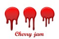 Red cherry drip confiture 3D set. Berry sweet jam spot isolated white background. Drips flowing down stain. Drop