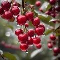 Red cherry fruit hanging with tree branch. Royalty Free Stock Photo