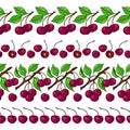 Red cherry and green leaves. Seamless pattern set. Banner with color berries. Vector illustration Royalty Free Stock Photo