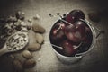 red cherry and ground almonds for sprinkling sweet food in a wooden spoon Royalty Free Stock Photo
