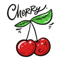 Red Cherry hand drawn vector illustration and lettering. Isolated on white background. Royalty Free Stock Photo