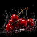 Red cherry in red juice. Splashes of water and cherries on a black background. Original picture of cherries falling into Royalty Free Stock Photo