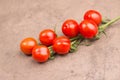 Red cherry tomatoes on a brown textured background, empty copy space