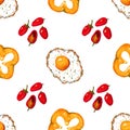 Red cherry tomatoes, yellow peppers and fried eggs. Hand-drawn seamless pattern
