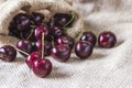 Red cherry with water drop on the sackcloth Royalty Free Stock Photo