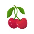 Red cherry on a white background. Two cherries on a branch with leaves. Juicy maroon berry. Sweet fruit cartoon. Hand drawn vector Royalty Free Stock Photo