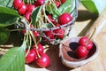 Red cherry in wooden spoon . Royalty Free Stock Photo