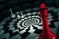Red chess king on round chessboard vs white figures Royalty Free Stock Photo