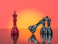 Red chess king standing position, defeating metal chess king supported by 2 pawns, 3d illustration