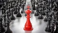 Red chess king standing among white pawns. 3D illustration