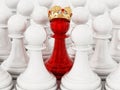 Red chess pawn with golden crown standing out among white pawns. 3D illustration