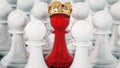 Red chess pawn with golden crown standing out among white pawns. 3D illustration
