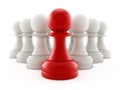 Red chess pawn standing ahead of white pawns. 3D illustration