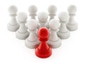 Red chess pawn standing ahead of white pawns. 3D illustration