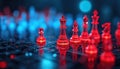 Red chess pieces on circuit board. Blue blurred background. Strategy, defense concept for cybersecurity, digital tech, data Royalty Free Stock Photo