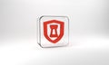 Red Chess shield icon isolated on grey background. Business strategy. Game, management, finance. Glass square button. 3d