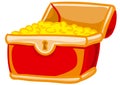 Red chest open and with gold coins lying on a slide, isolated object on a white background, vector illustration Royalty Free Stock Photo