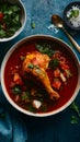 Red chicken curry with a prominent leg piece